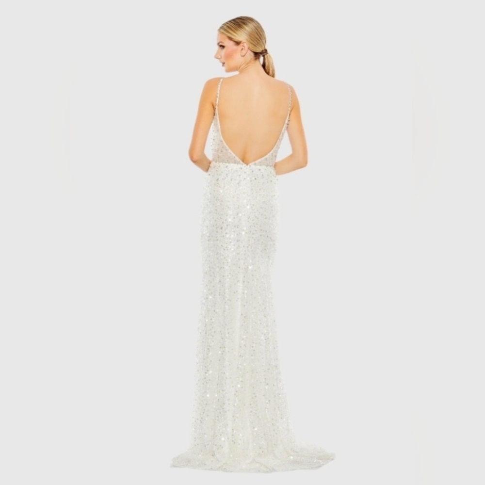 NWT Sz 10 Mac Duggal 68175 White Sequins Pearls & Rhinestones Trumpet Gown - Picture 3 of 5